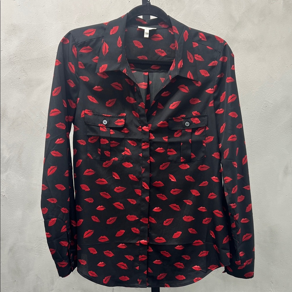 Joie Black Button-Down Shirt with Red Lip Print